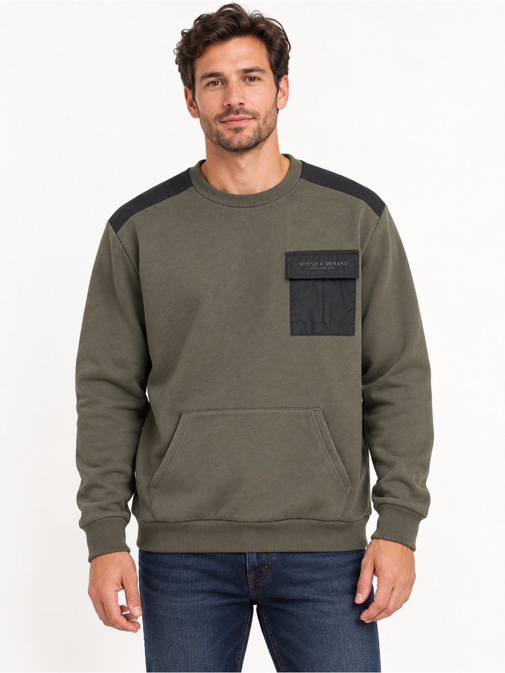 NWT Supply & Demand Olive Black Pocket Crewneck Sweatshirt XL